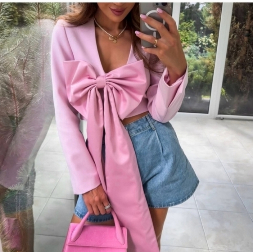Zara Satin Effect Bow Cropped Blazer Pink Size XS
